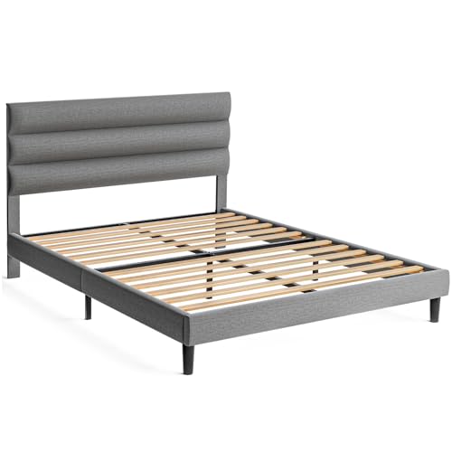 Dark Gray Full Size Linen Fabric Upholstered Platform Bed Frame C200