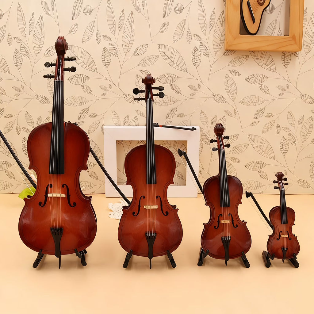Wooden Mini Violin Model with Stand Playable Tiny Violin Figurine Miniature Musical Instrument Ornament G2369