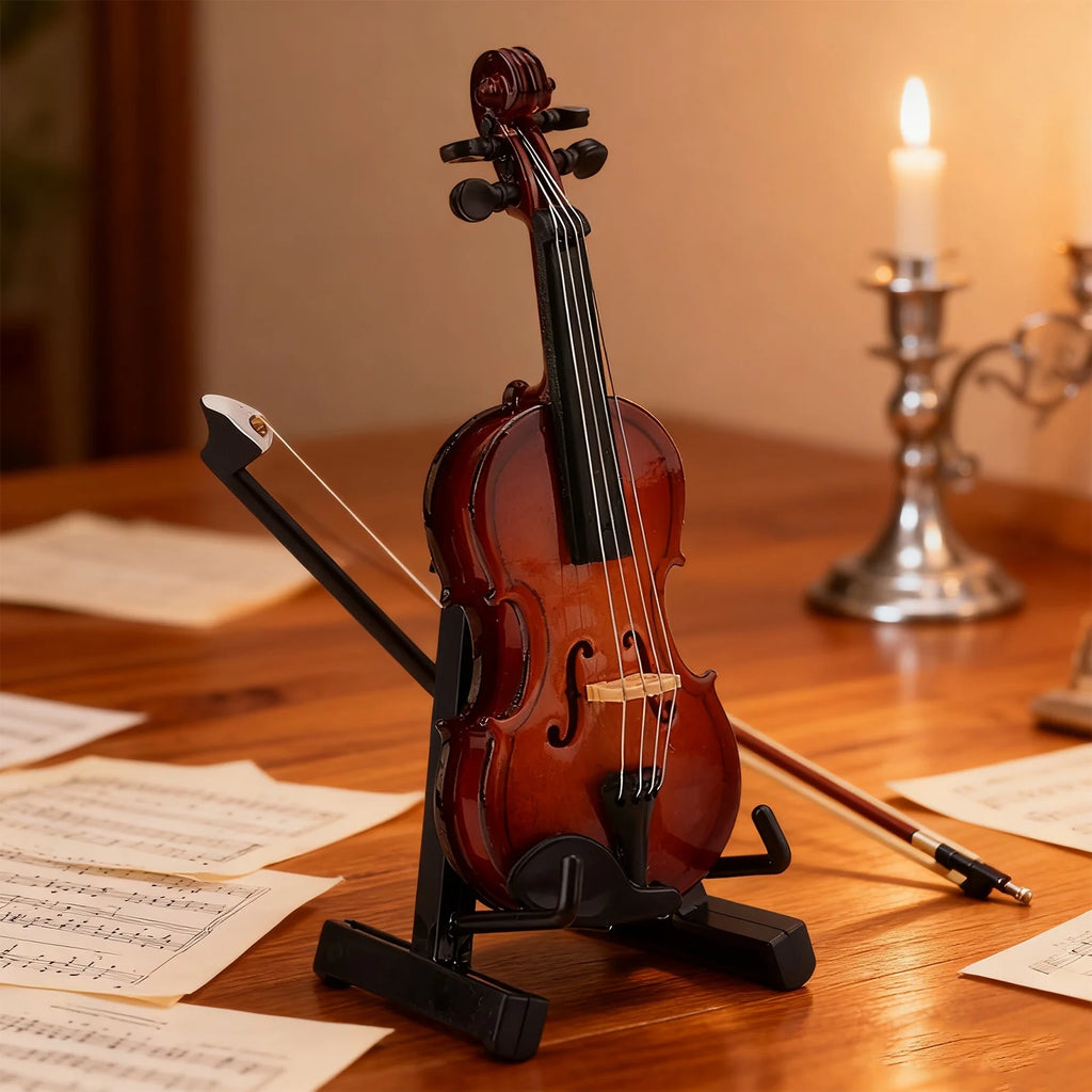 Wooden Mini Violin Model with Stand Playable Tiny Violin Figurine Miniature Musical Instrument Ornament G2369