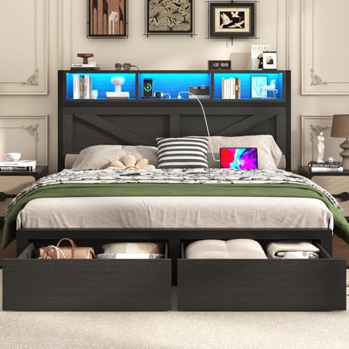 Brown Full Bed Frame with Bookcase Storage Headboard and 2 Storage Drawers J3475