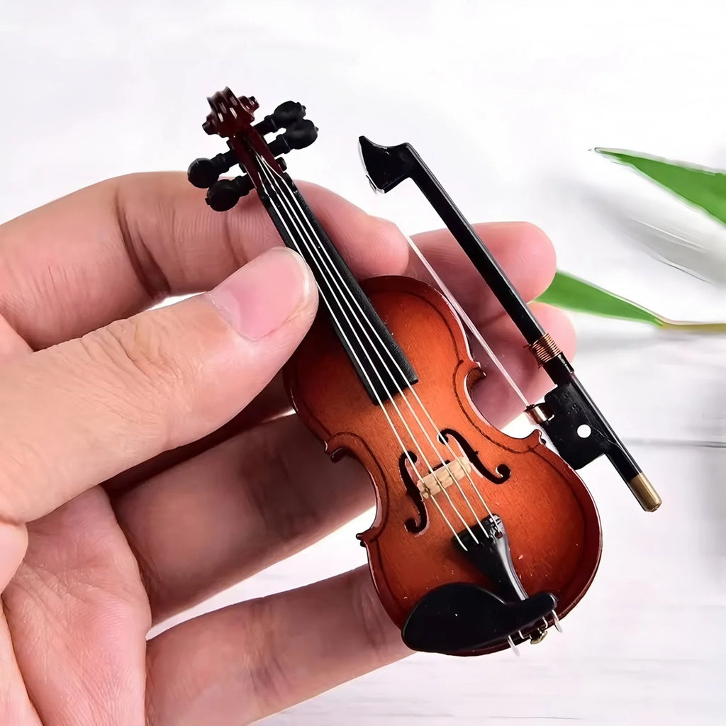 Wooden Mini Violin Model with Stand Playable Tiny Violin Figurine Miniature Musical Instrument Ornament G2369