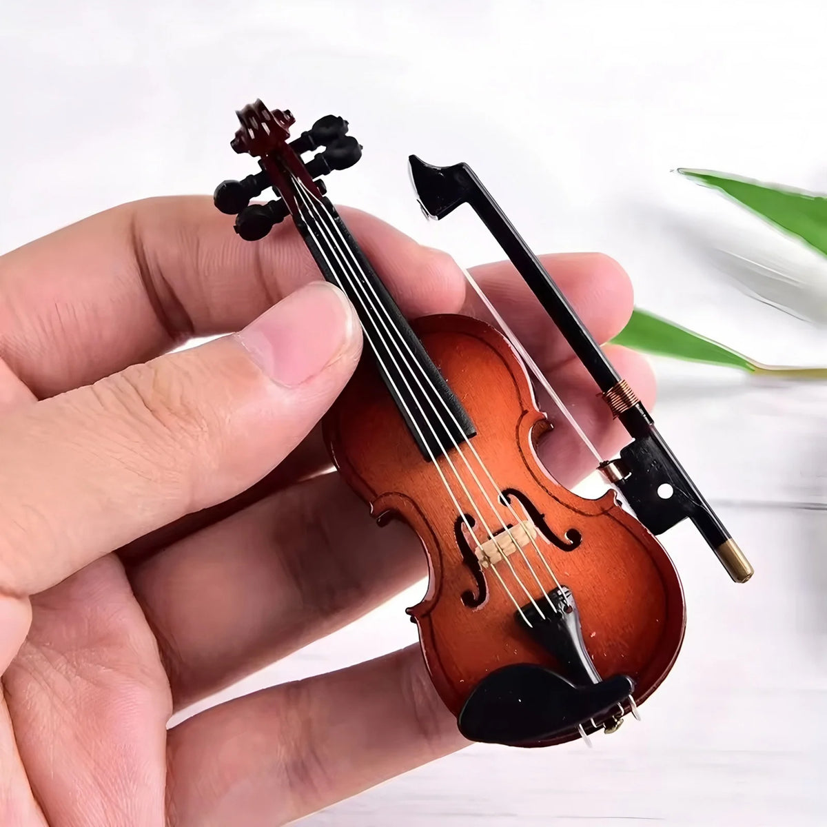 Wooden Mini Violin Model with Stand Playable Tiny Violin Figurine Miniature Musical Instrument Ornament G2369