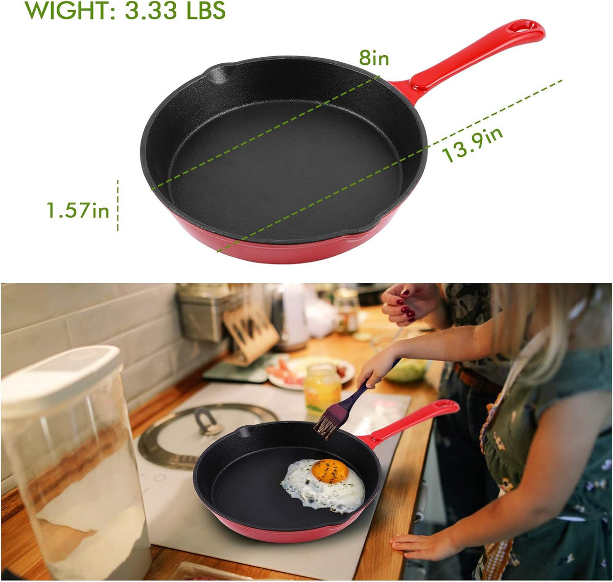 Enameled Cast Iron Skillet 10 Inch Round Fry Pan Cherry Red O926707