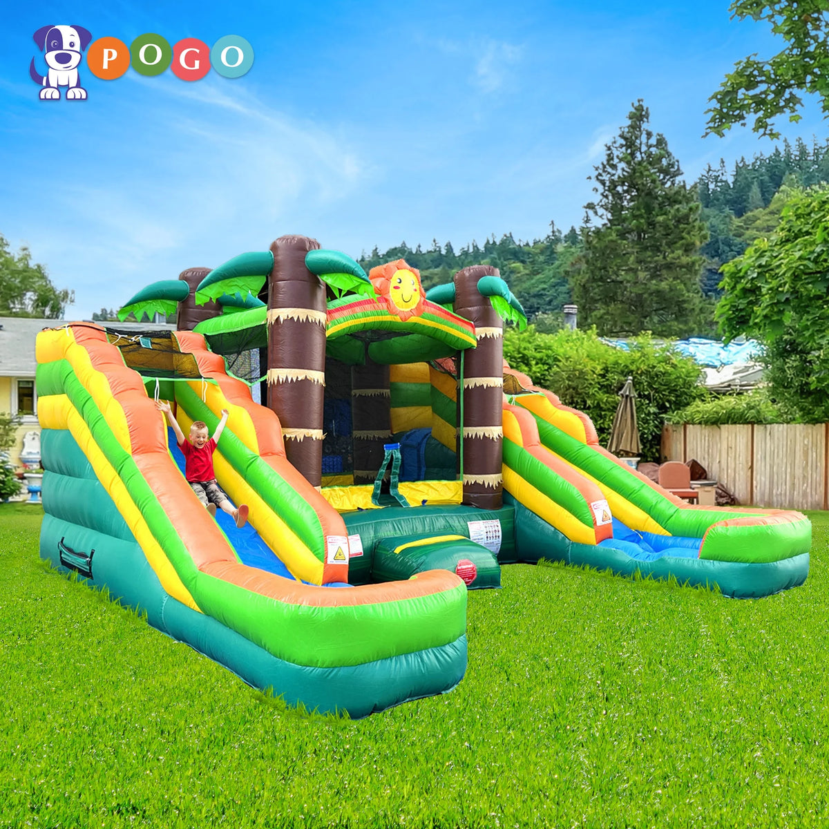 Pink Tropical Rainbow Double Water Slide Bounce House Combo U986919