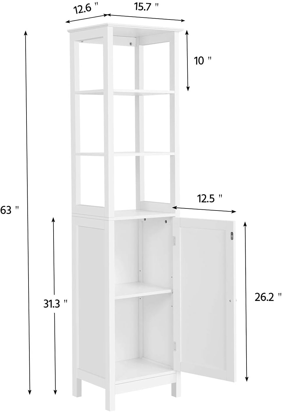 White 63 in Wooden Bathroom Floor Cabinet with 3 Tier Shelves I859979