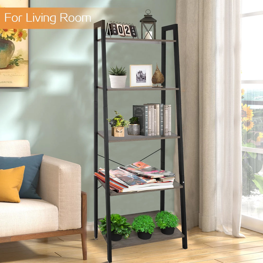 5 Tier Ladder Shelf Bookshelf with Metal Frame Y199798