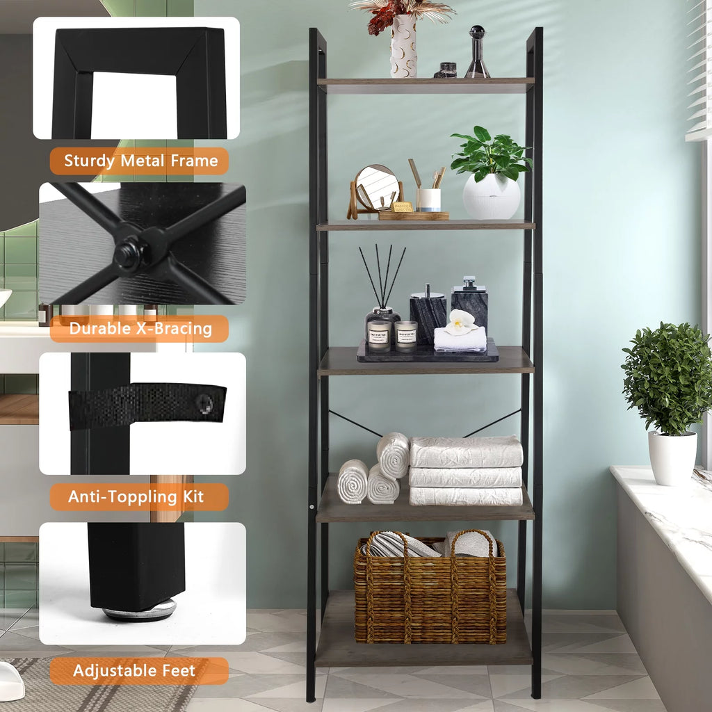 5 Tier Ladder Shelf Bookshelf with Metal Frame Y199798