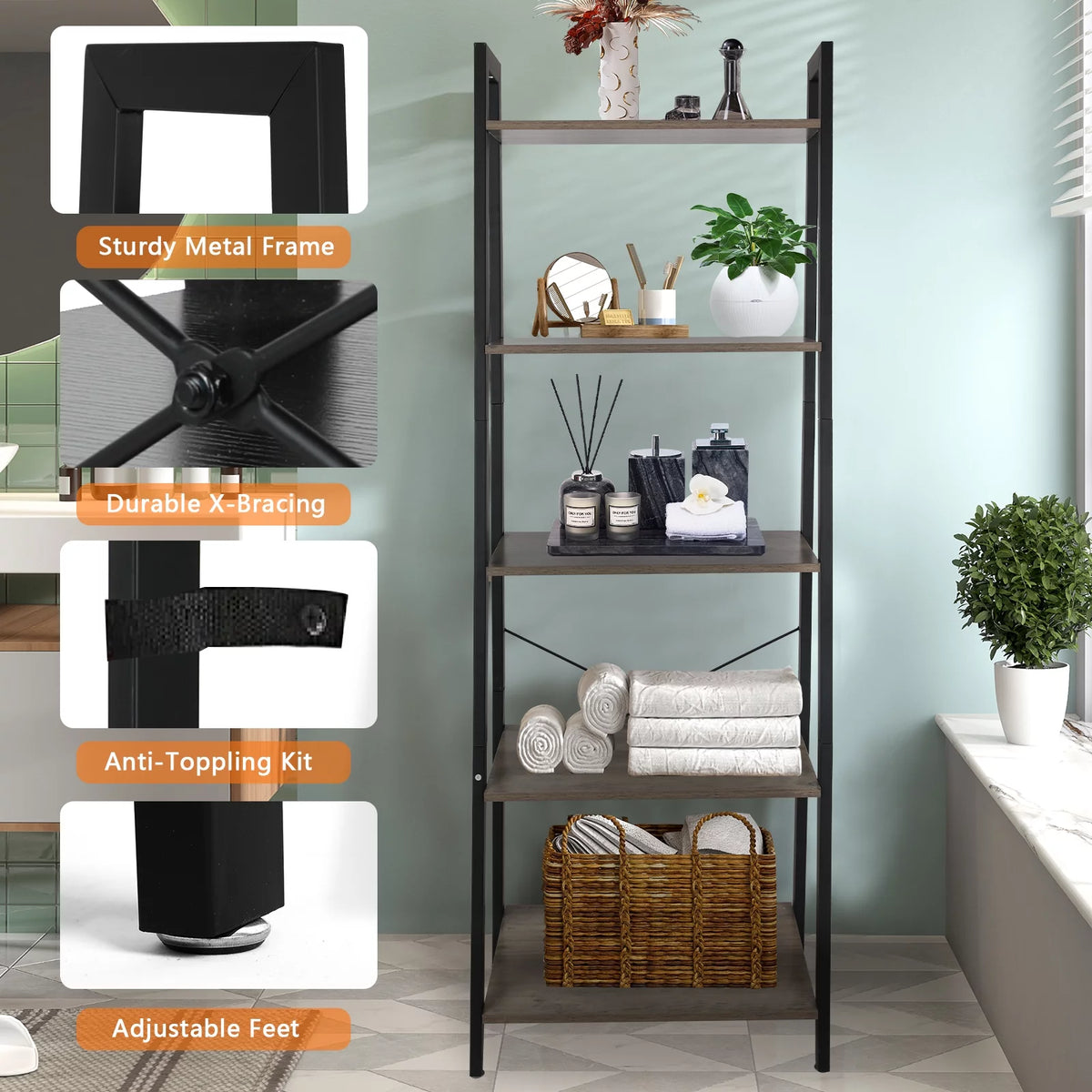 5 Tier Ladder Shelf Bookshelf with Metal Frame Y199798