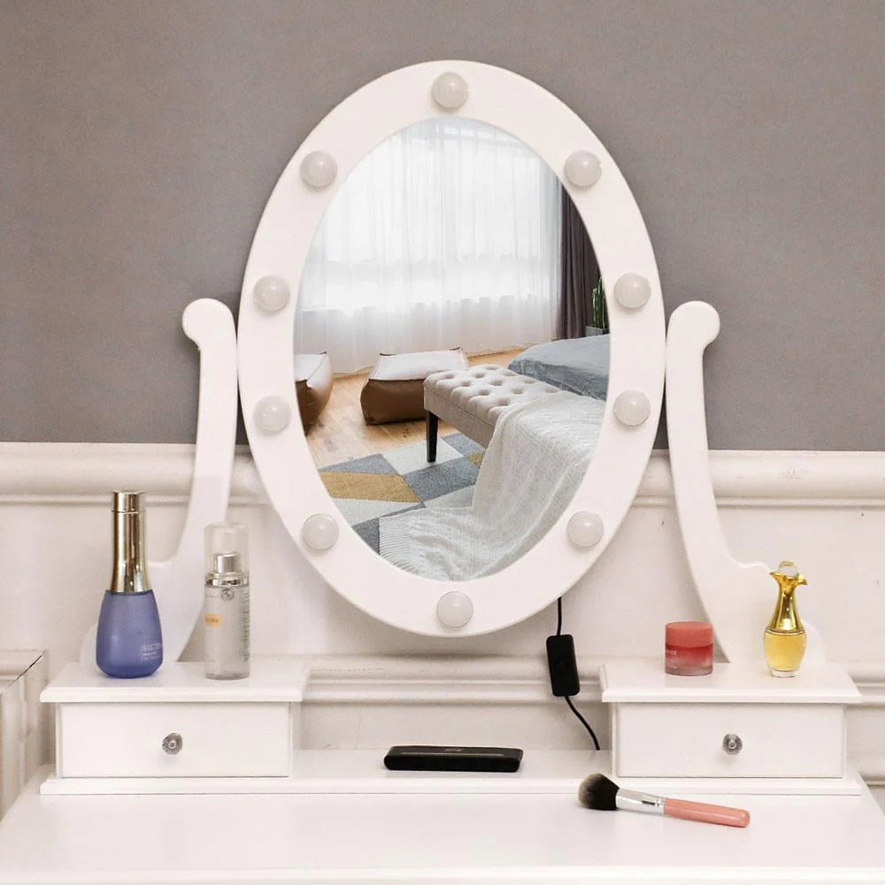 White Vanity Table Set with 5 Drawers and Cushioned Stool C81622