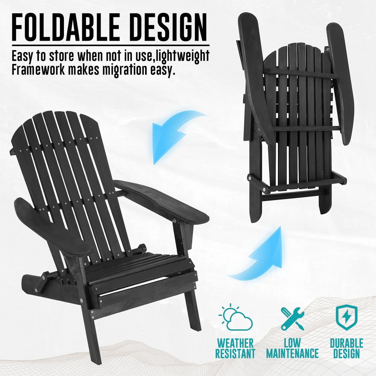 Folding Adirondack Chair Set of 2 Weather Resistant Wood Patio Chair Black S655474