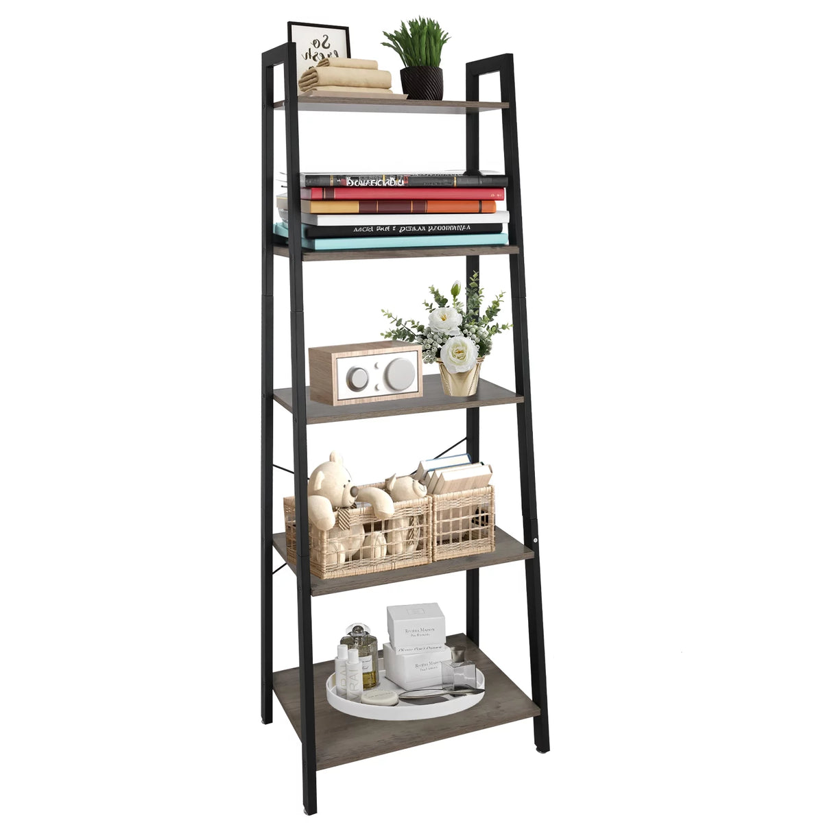 5 Tier Ladder Shelf Bookshelf with Metal Frame Y199798