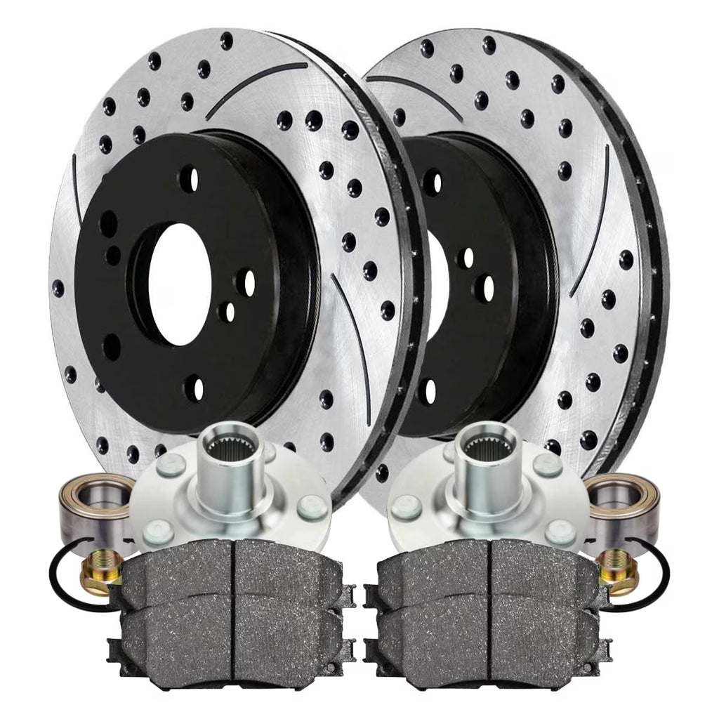 Front Wheel Bearing Hubs Drilled Slotted Rotors Black Ceramic Pads Kit Q957
