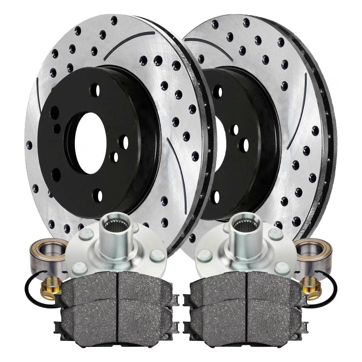 Front Wheel Bearing Hubs Drilled Slotted Rotors Black Ceramic Pads Kit Q957