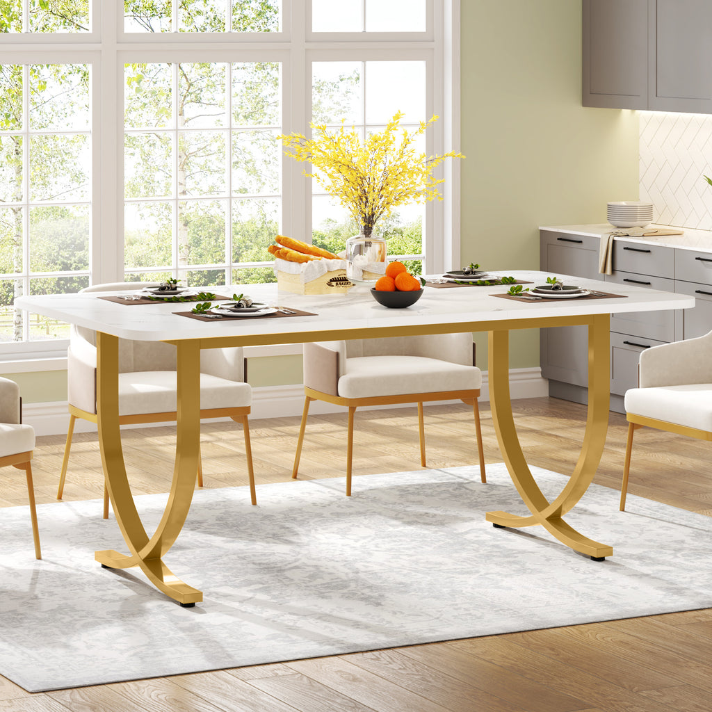 63 Inch Rectangular Faux Marble Dining Table with Metal Legs Y9617