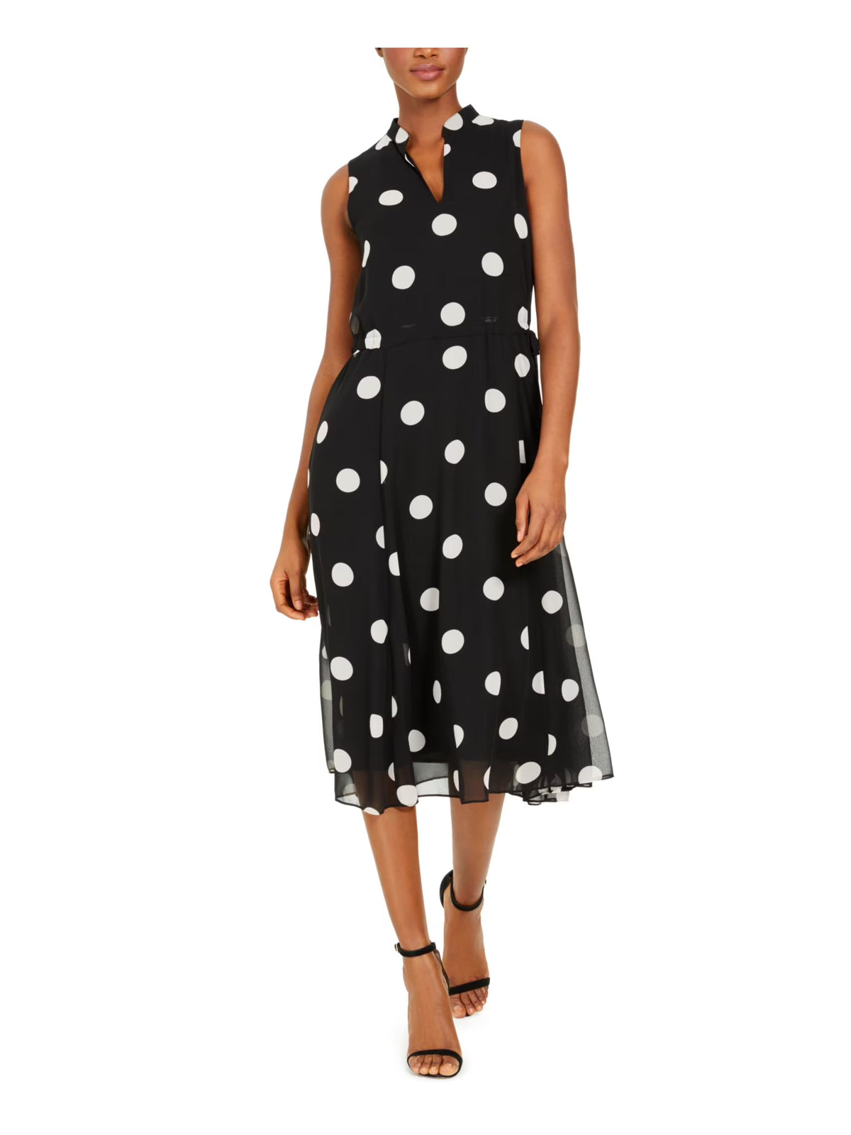 Black Tie Zippered Polka Dot Sleeveless V Neck Below The Knee Fit + Flare Party Dress XXS E563612