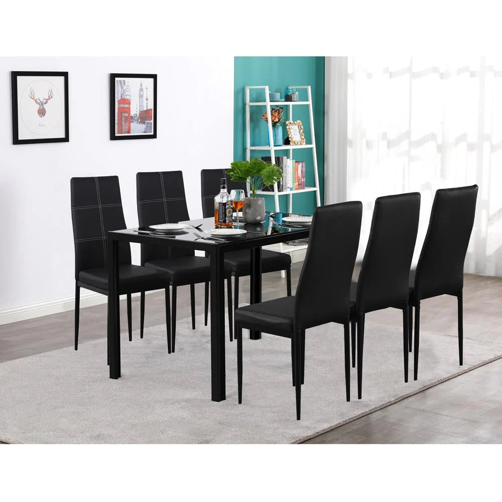 7 Piece Glass Metal Dining Set with 6 Chairs A93696