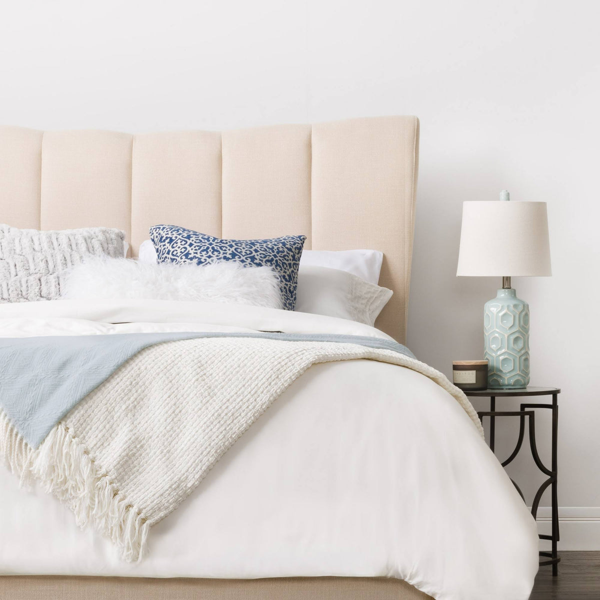 Cream Fabric Channel-Tufted Bed Frame Queen X30212