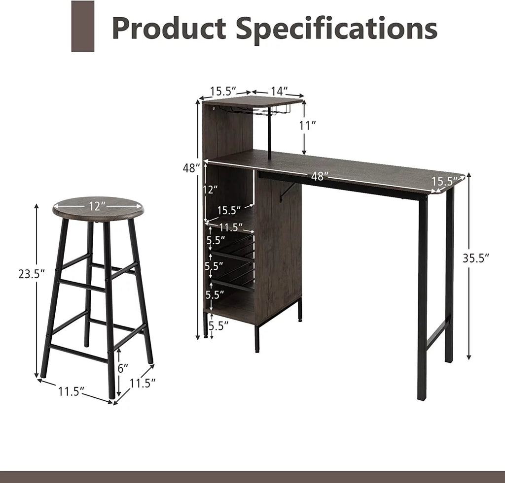 Bar Table and Chairs Set for 2, 3-Piece Counter Height Dining Table Set with Shelves L78811