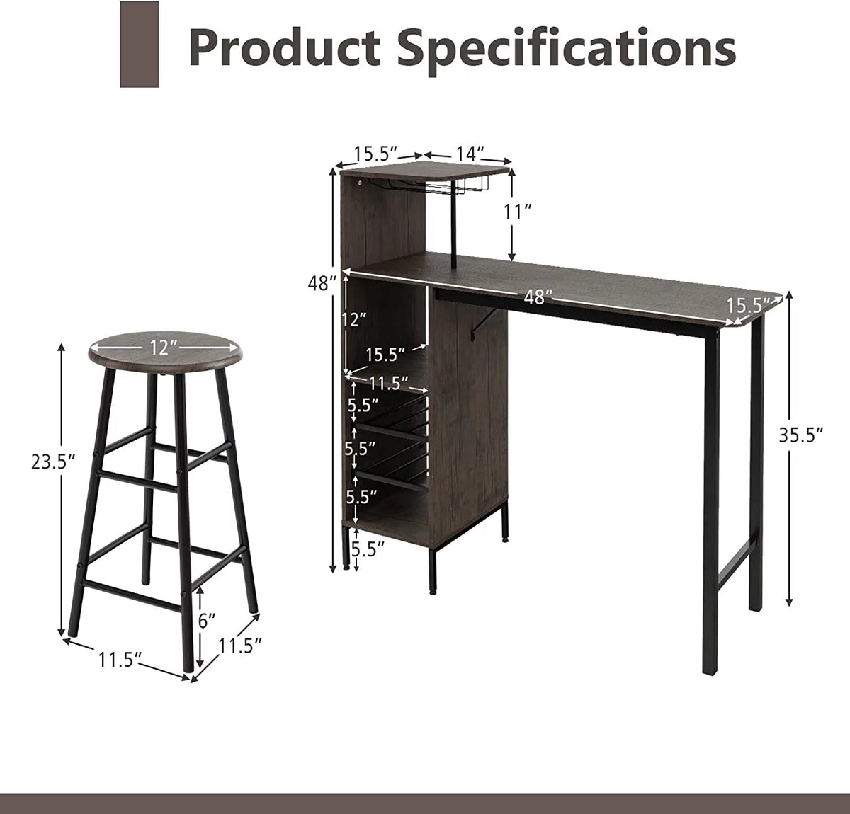 Bar Table and Chairs Set for 2, 3-Piece Counter Height Dining Table Set with Shelves L78811