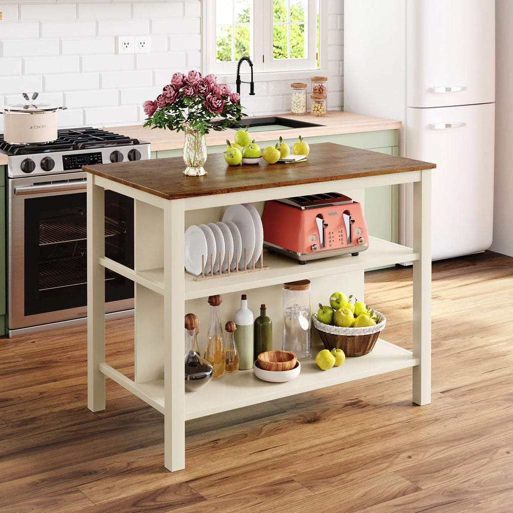Solid Wood Kitchen Island with 2 Open Shelves H1698