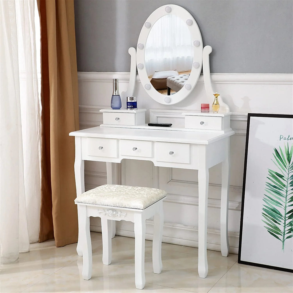 White Vanity Table Set with 5 Drawers and Cushioned Stool C81622