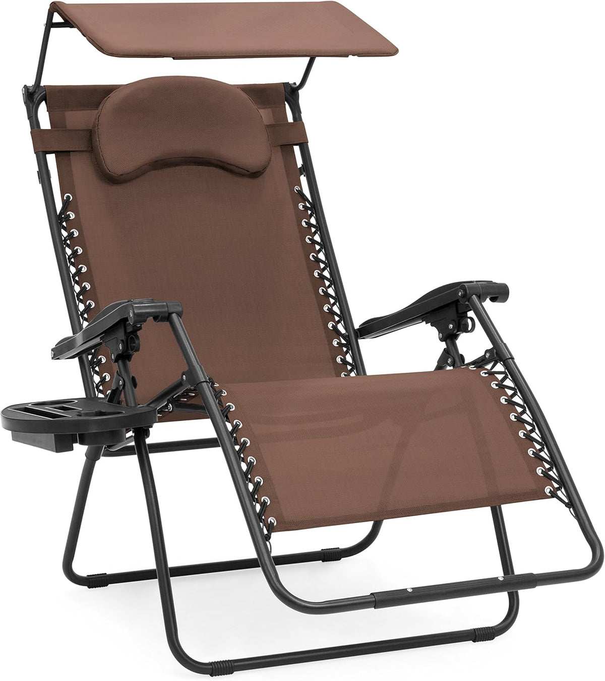 Oversized Steel Mesh Zero Gravity Reclining Lounge Patio Chair with Folding Canopy Shade and Cup Holder N43314