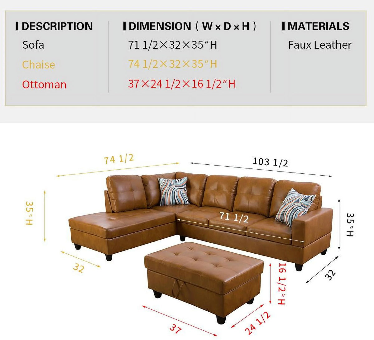 103.50" Wide Ginger Faux Leather Sectional with Ottoman Left Hand Facing C48188