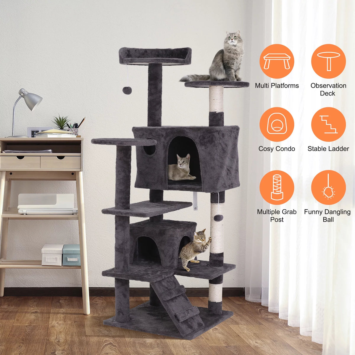 55-in Dark Gray Cat Tree & Scratching Post Tower Q492969
