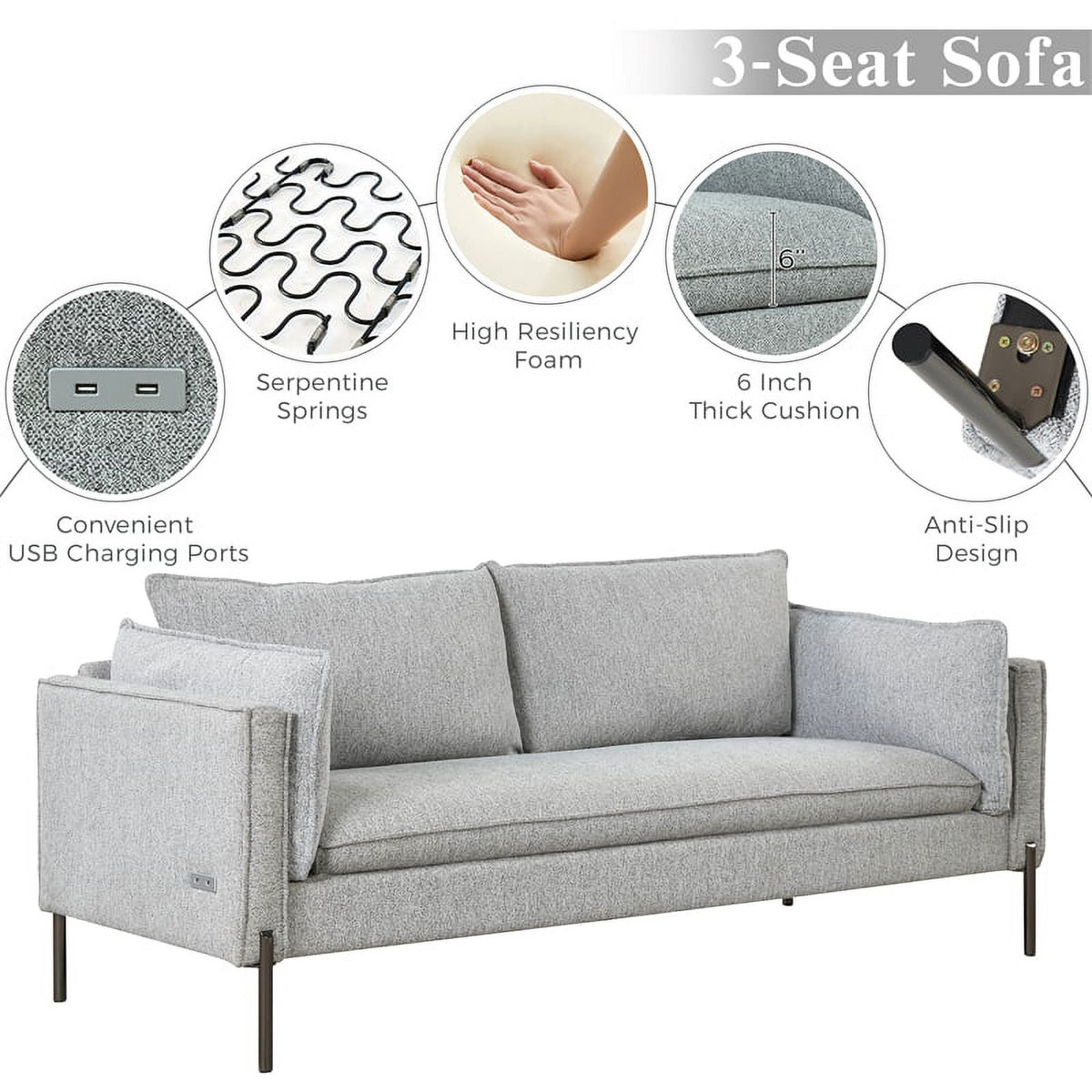 Gray 3 Seat Linen Fabric Sofa F77397