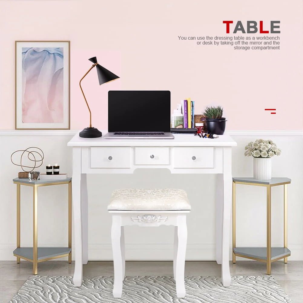 White Vanity Table Set with 5 Drawers and Cushioned Stool C81622
