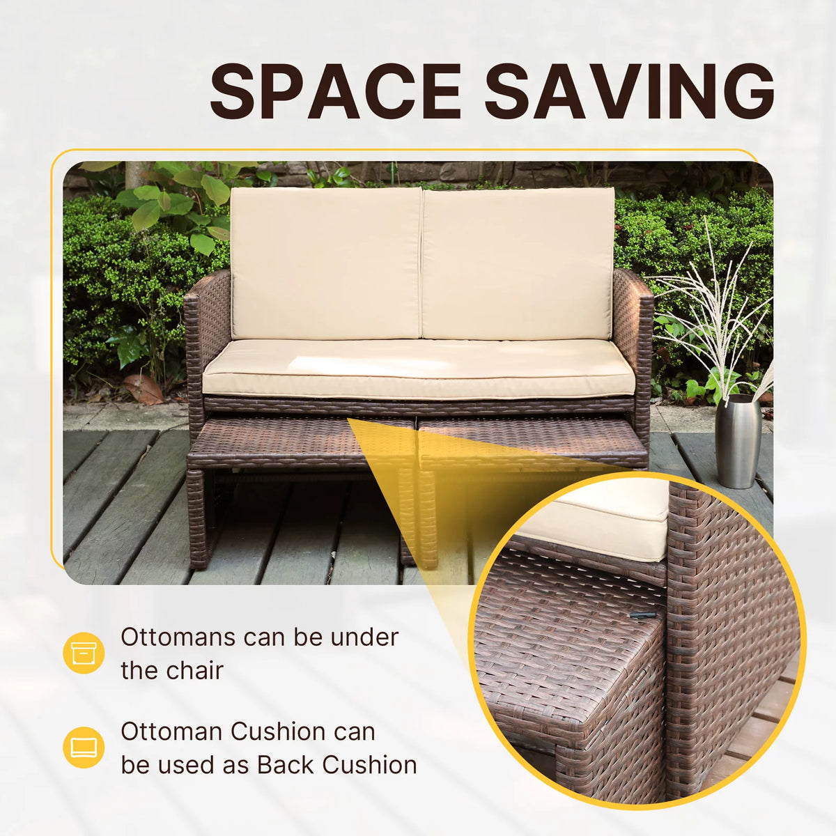 3 Piece Brown Rattan Outdoor Loveseat with Ottoman and Side Table N8413