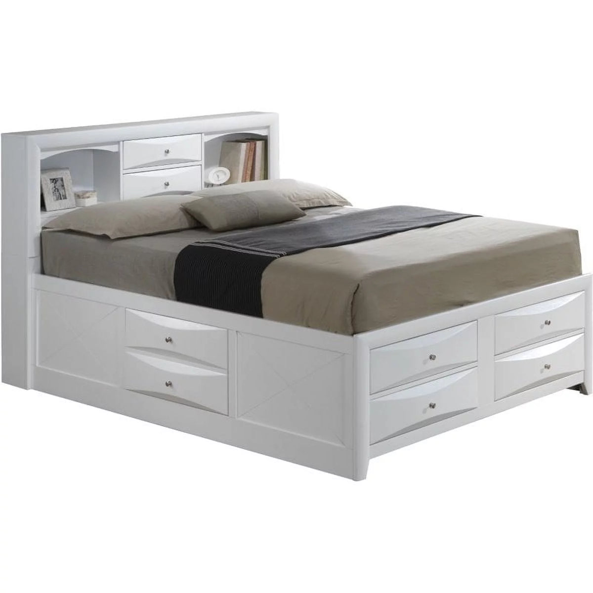 White Wood Full Bookcase Storage Bed with Shelves & Drawers Y418