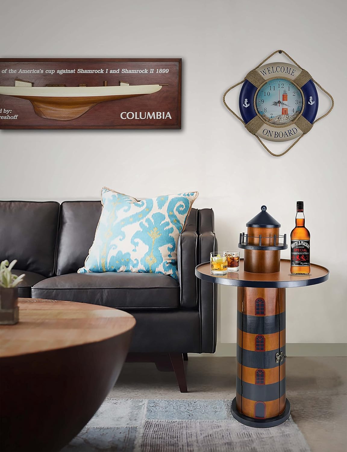 Wooden Lighthouse Beach Round Bar Table with Storage I577721