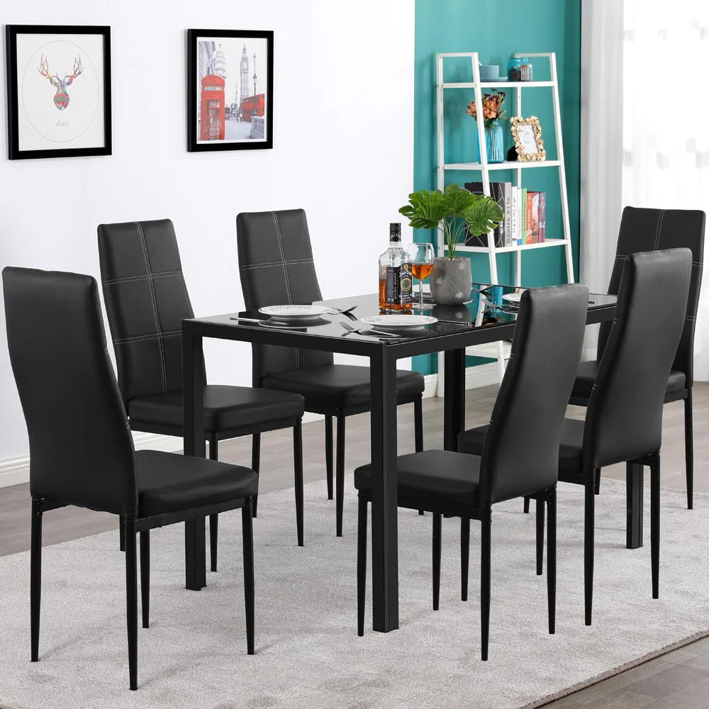 7 Piece Glass Metal Dining Set with 6 Chairs A93696