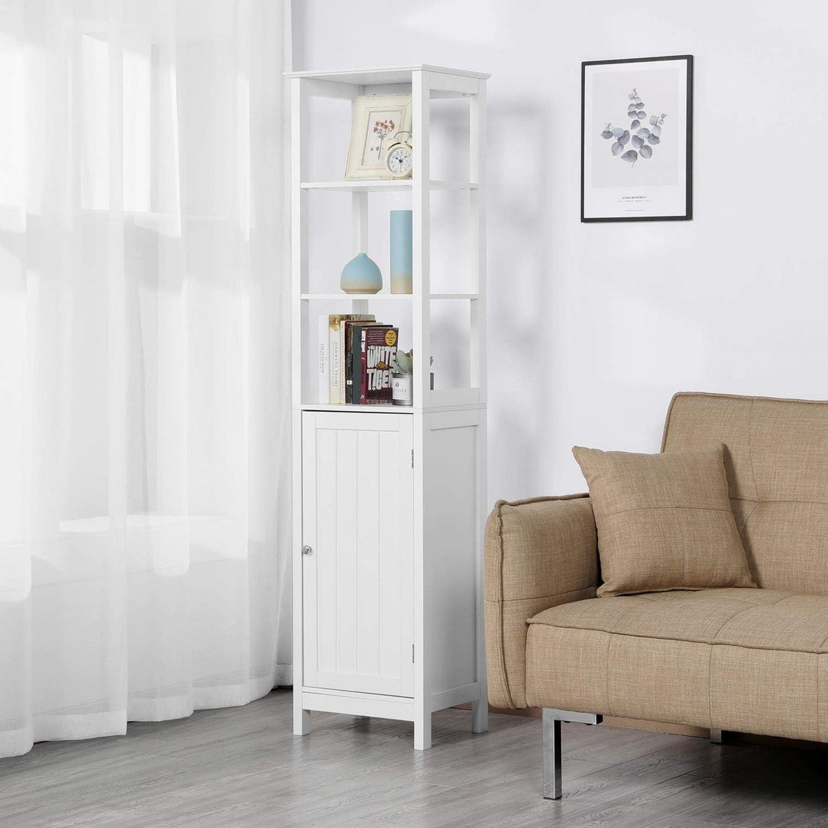 White 63 in Wooden Bathroom Floor Cabinet with 3 Tier Shelves I859979