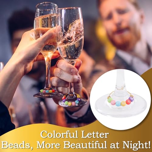 60 Sets DIY Wine Glass Charms with Letter Beads Gold Beads Charm Rings Tweezers V608936