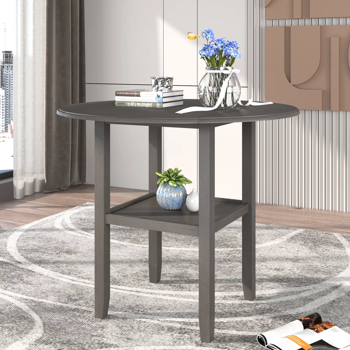 Round Drop Leaf Kitchen Dining Table with Shelf J3322
