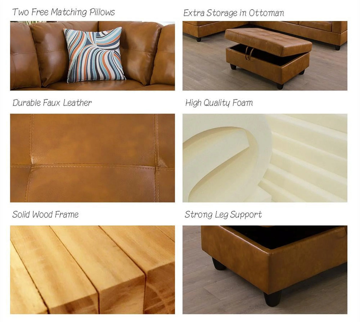 103.50" Wide Ginger Faux Leather Sectional with Ottoman Left Hand Facing C48188