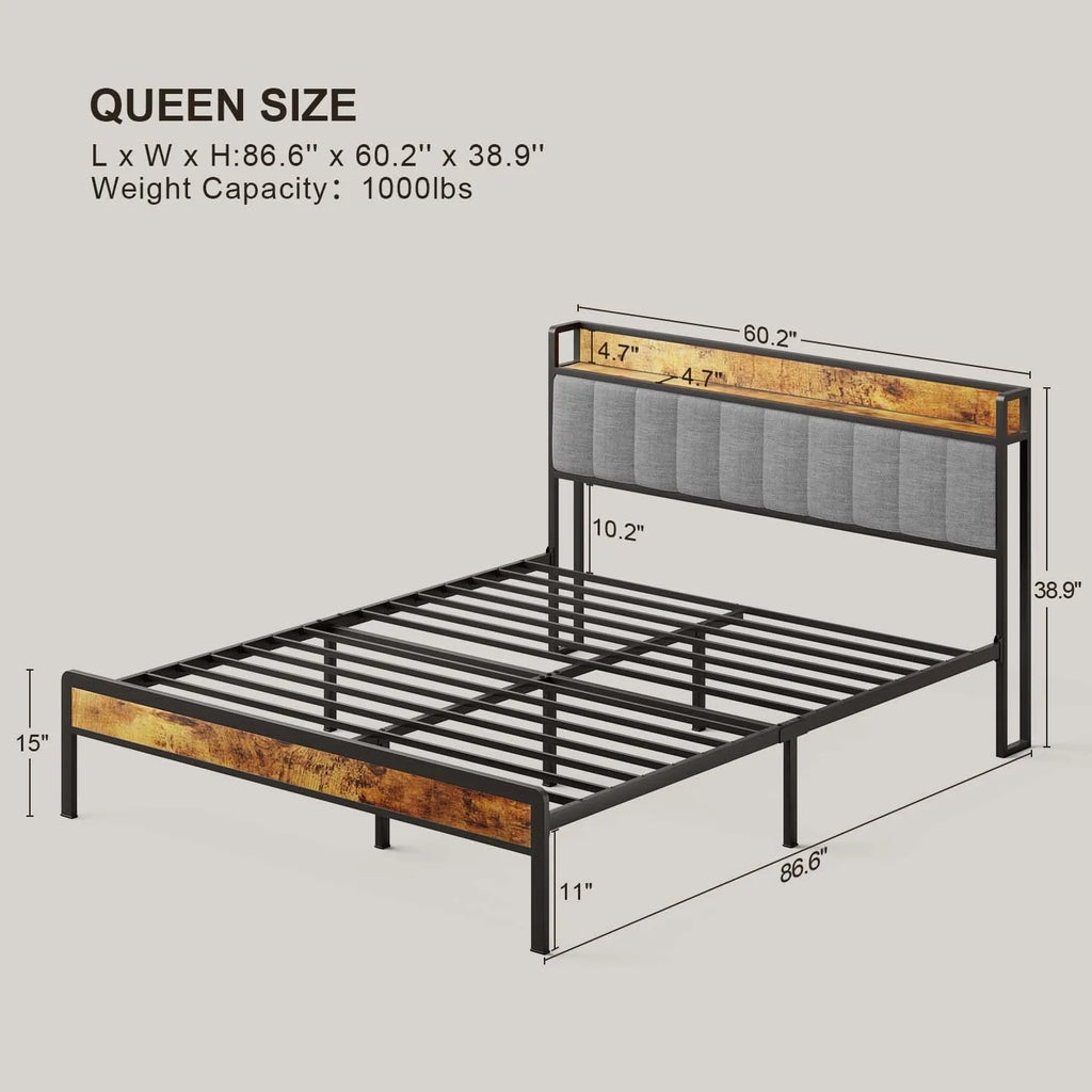 Full Size Bed Frame with Storage Headboard D396