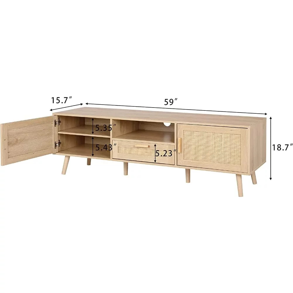 Wooden TV Console Table with 2 Rattan Doors and 2 Open Shelves R320742