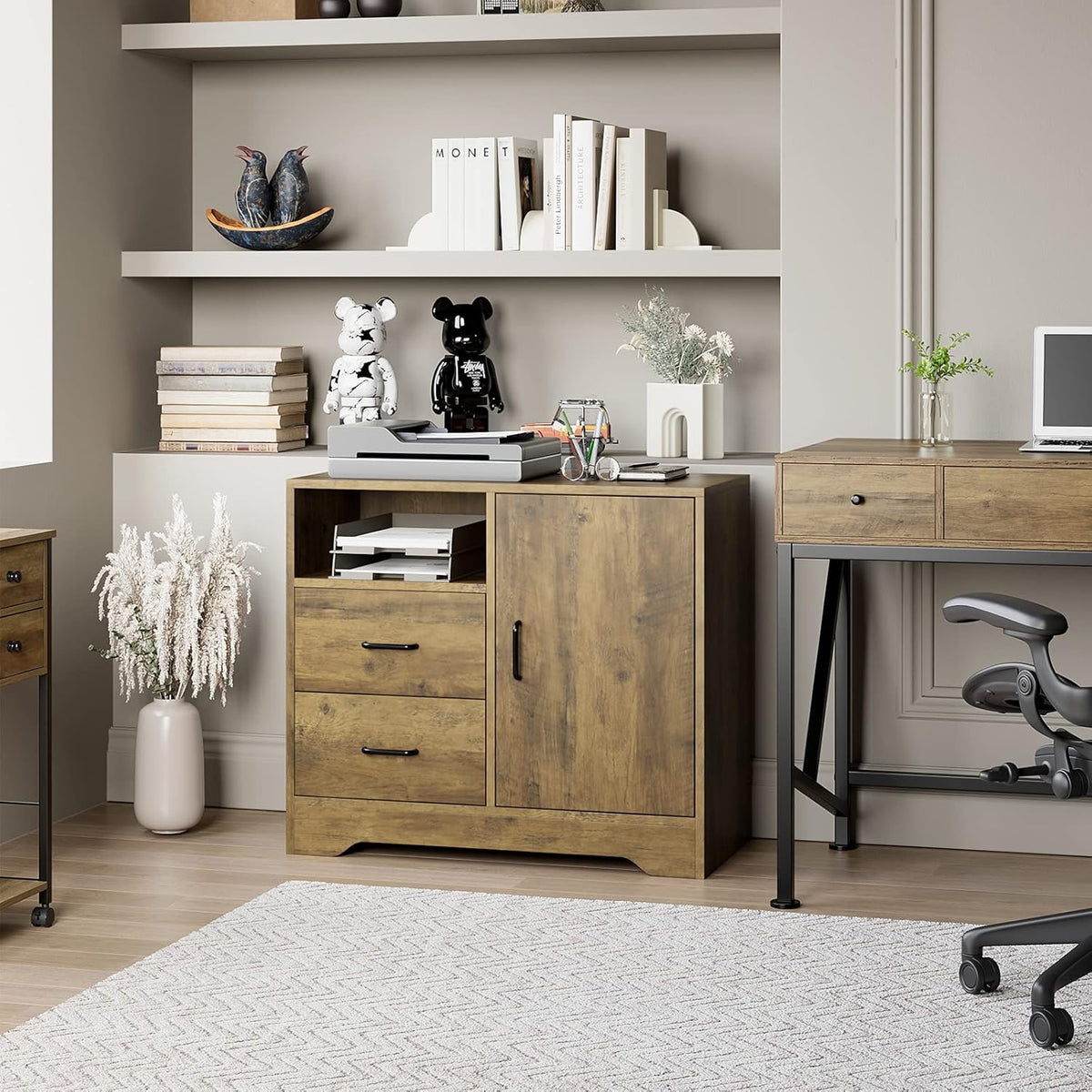 Rustic Brown 2 Drawer Wooden Storage Cabinet with Door and Adjustable Shelves D78032