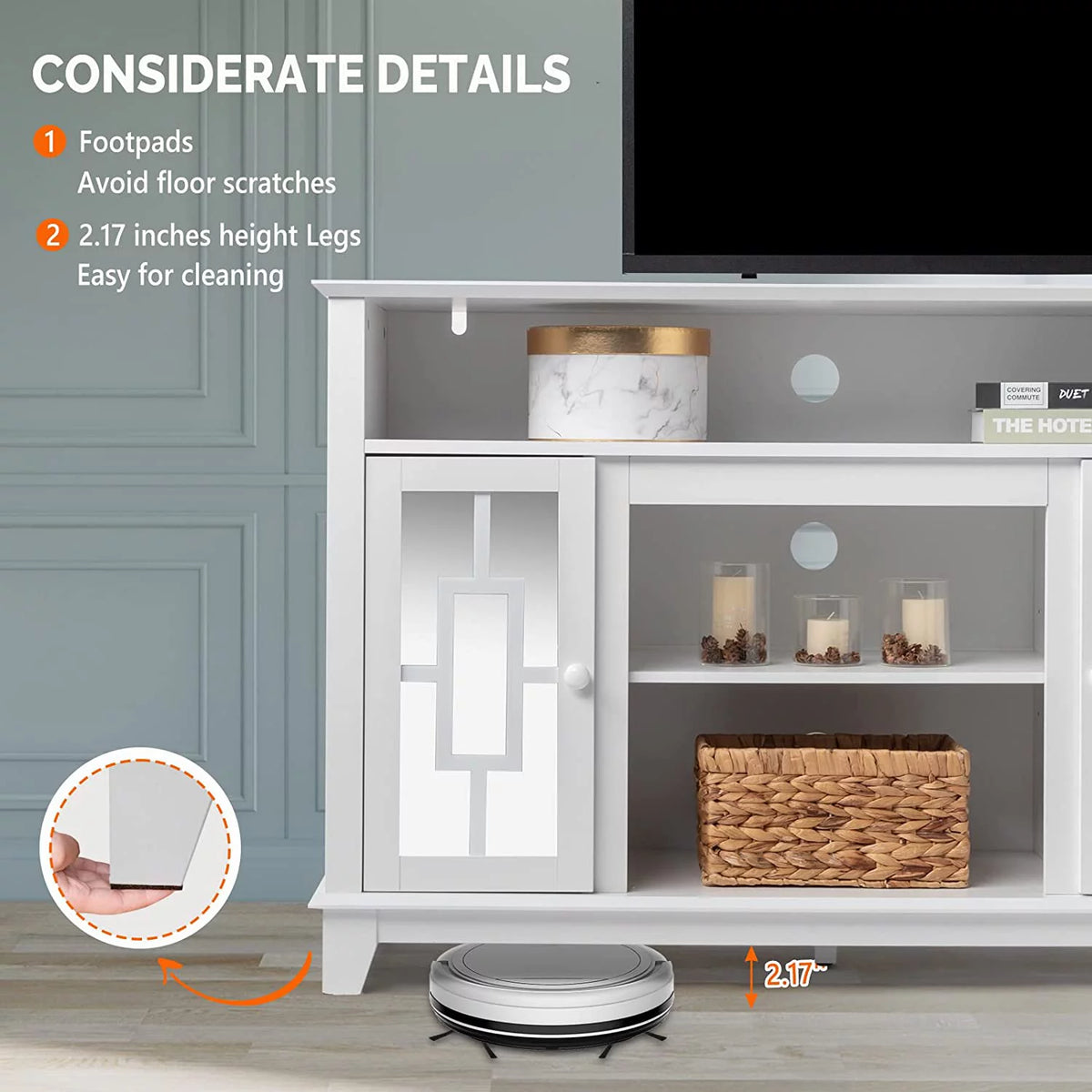 White TV Stand with Mirror Doors S2281