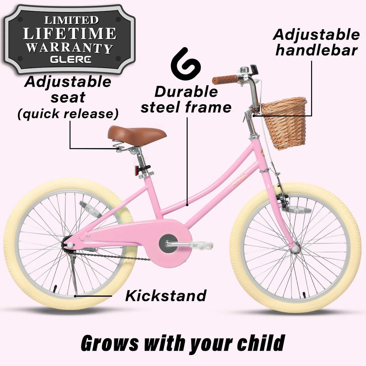 20 Inch Kids Bike with Bell and Training Wheels, Pink T63749