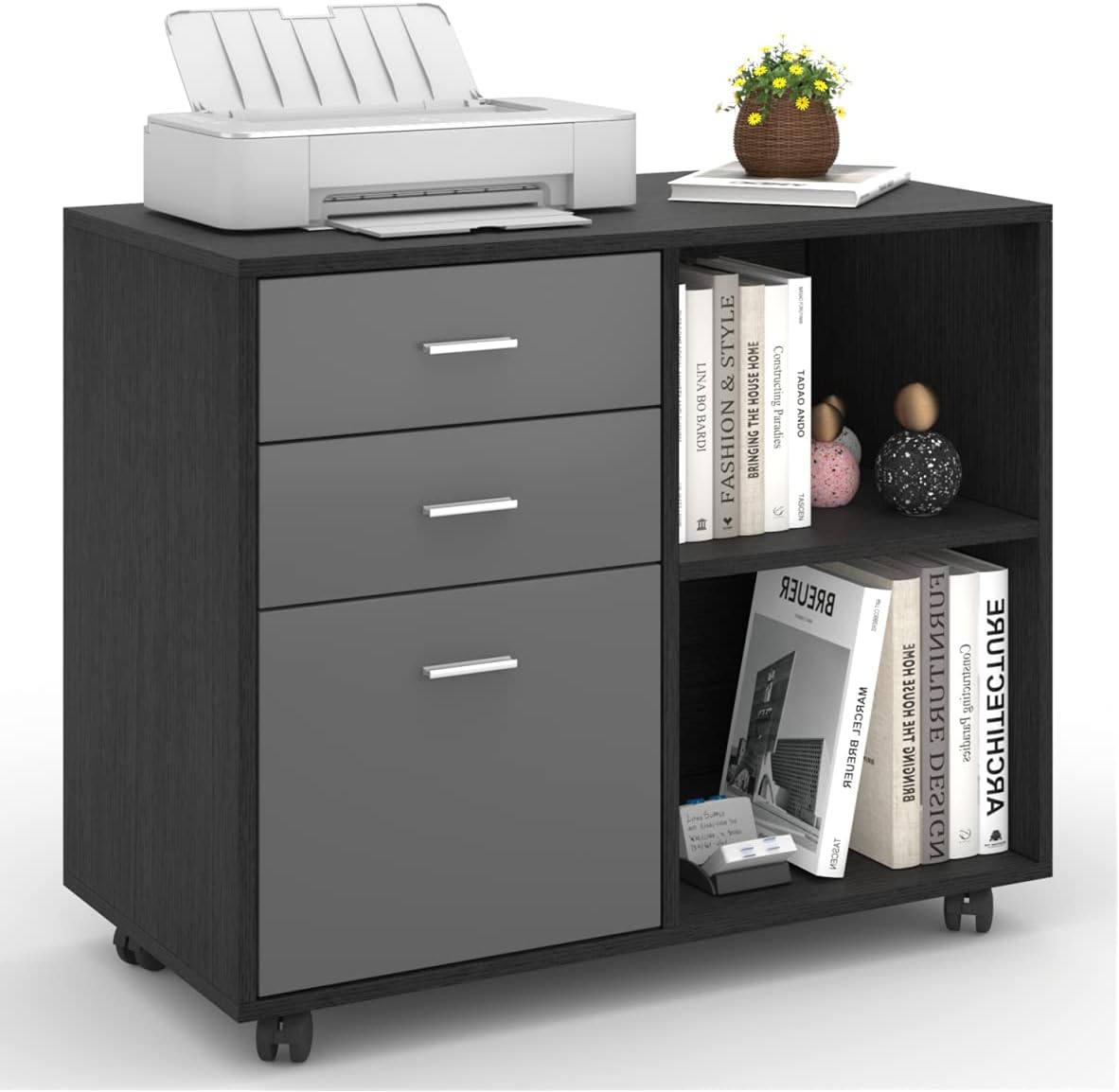 Black Oak Dark Grey Lateral File Cabinet on Wheels N678
