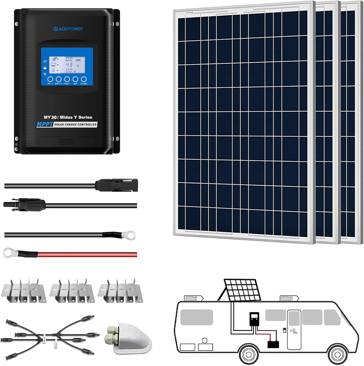 300W 12/24V Polycrystalline Off-Grid Solar Panel Kit with 3PCs 100W Rigid Solar Panels K3962