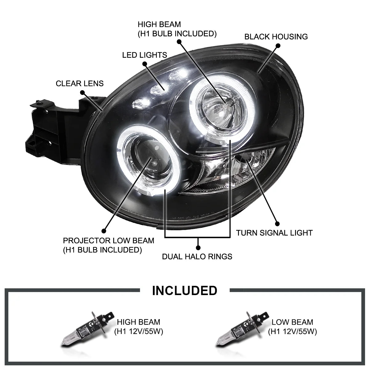 Black LED Dual Halo Projector Headlights Pair Assembly A2378