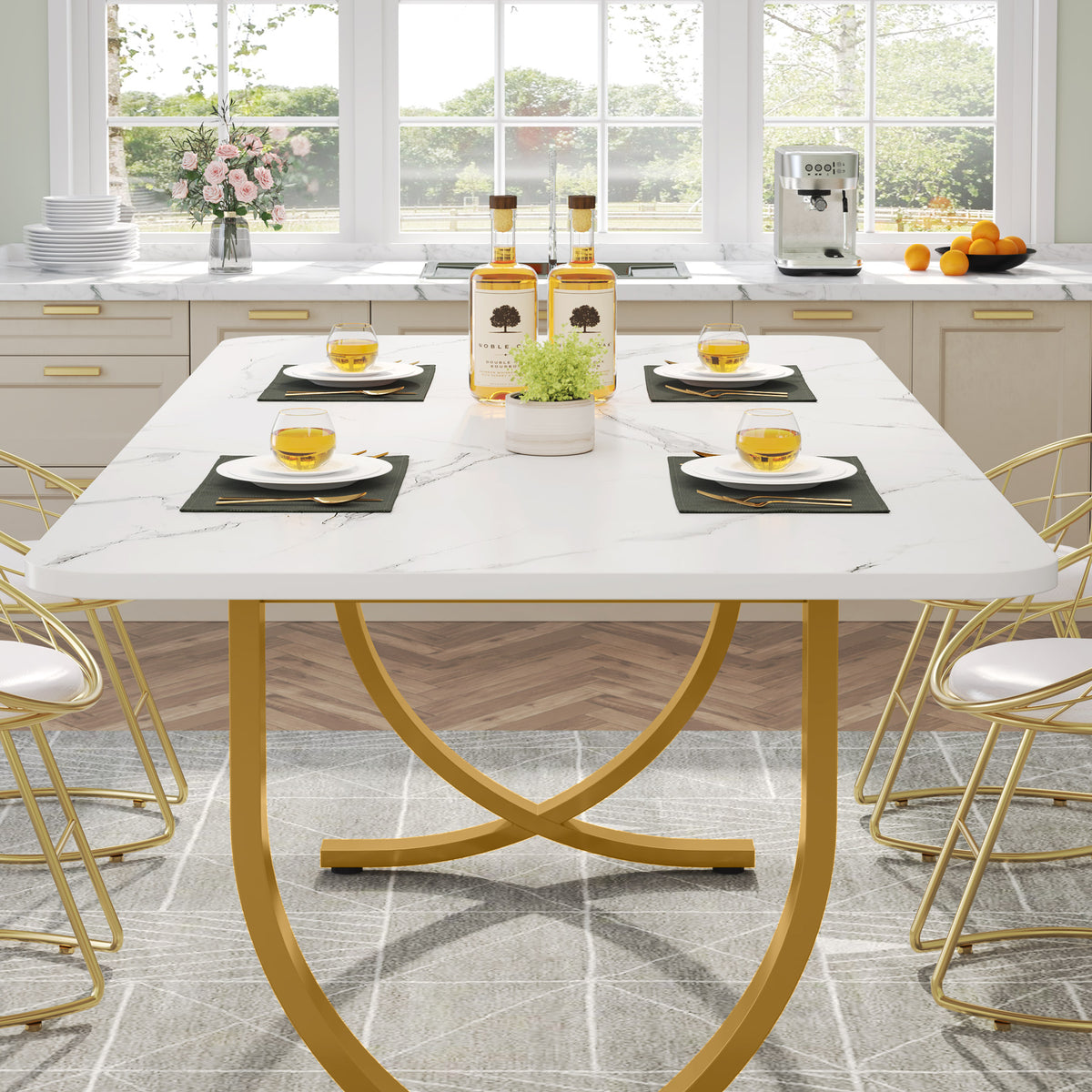63 Inch Rectangular Faux Marble Dining Table with Metal Legs Y9617
