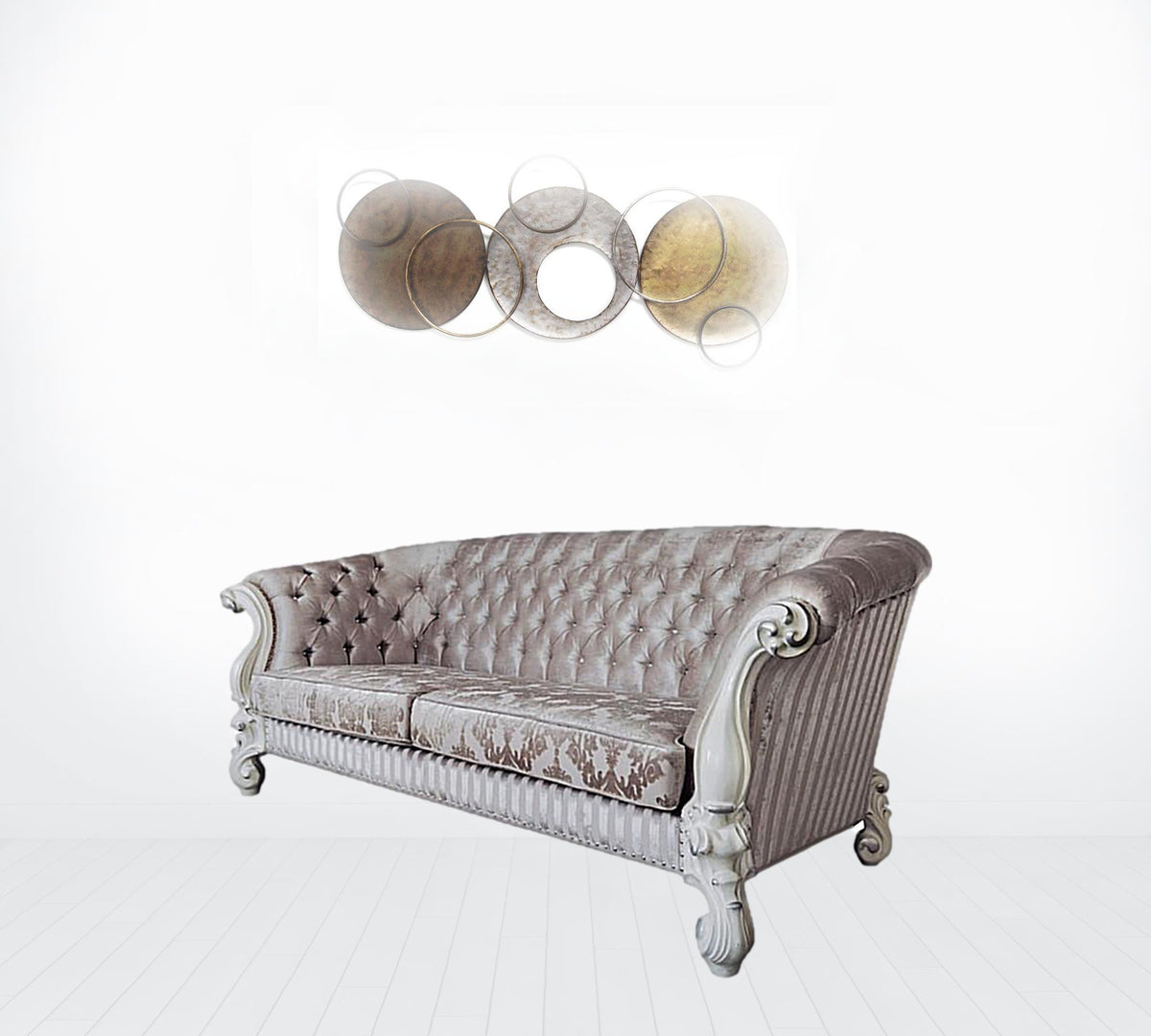Ivory Velvet Sofa with Seven Toss Pillows N183