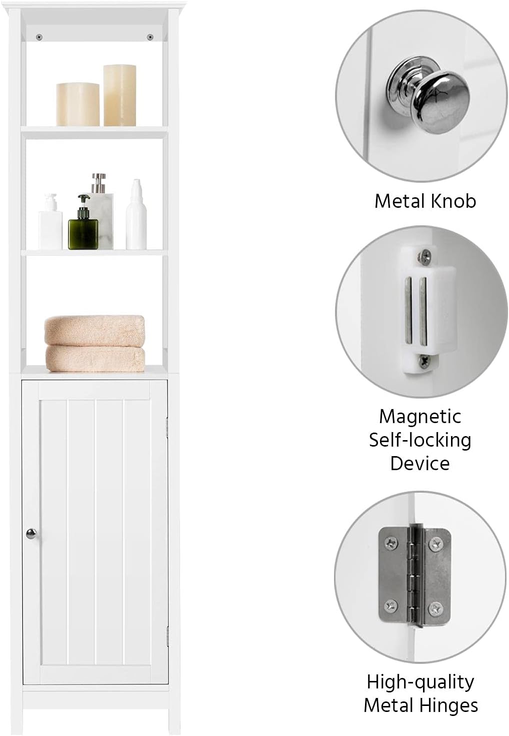 White 63 in Wooden Bathroom Floor Cabinet with 3 Tier Shelves I859979