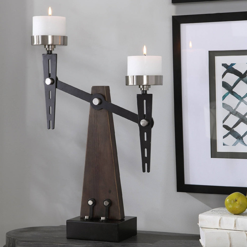 Industrial Style Wood and Metal Candle Holder with Candles C6492
